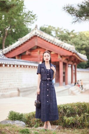 Sixdo Navy Strappy Midi Tweed Dress