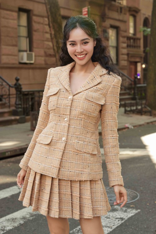 Dark Beige Long Sleeves Tweed Vest