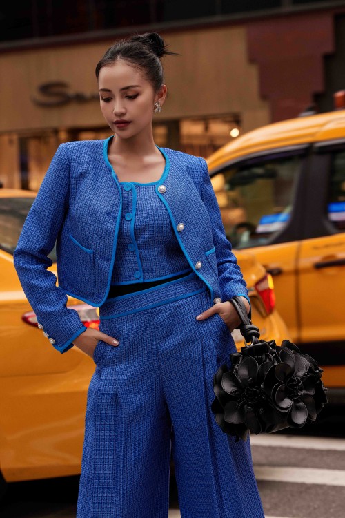 Dark Blue Cropped Woven Tweed Vest