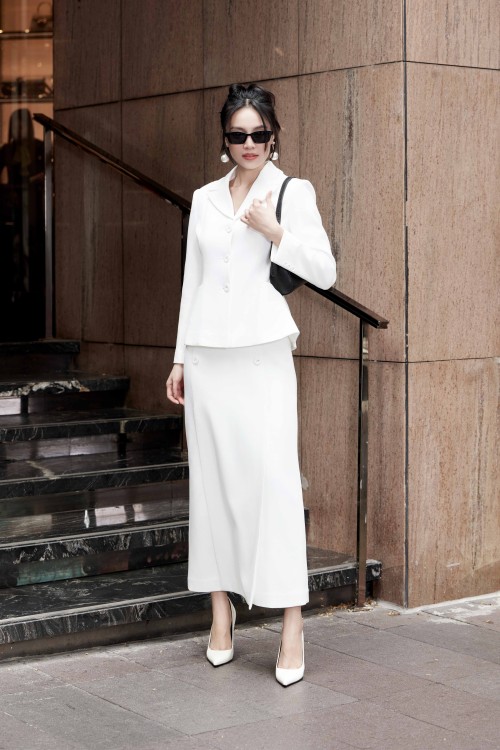 White Straight Midi Woven Skirt 1