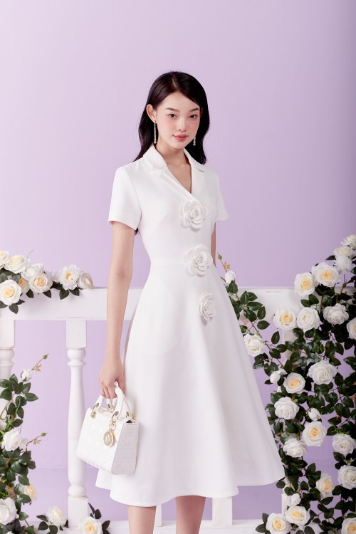 Sixdo White Revers Collar Midi Woven Dress