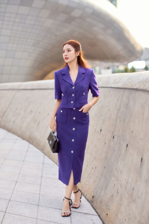 Sixdo Purple Straight Midi Tweed Skirt