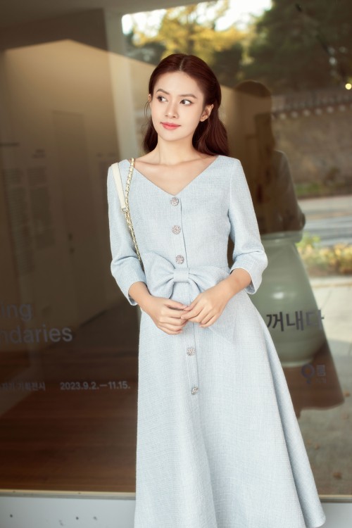 Sixdo Light Blue Midi Tweed Dress