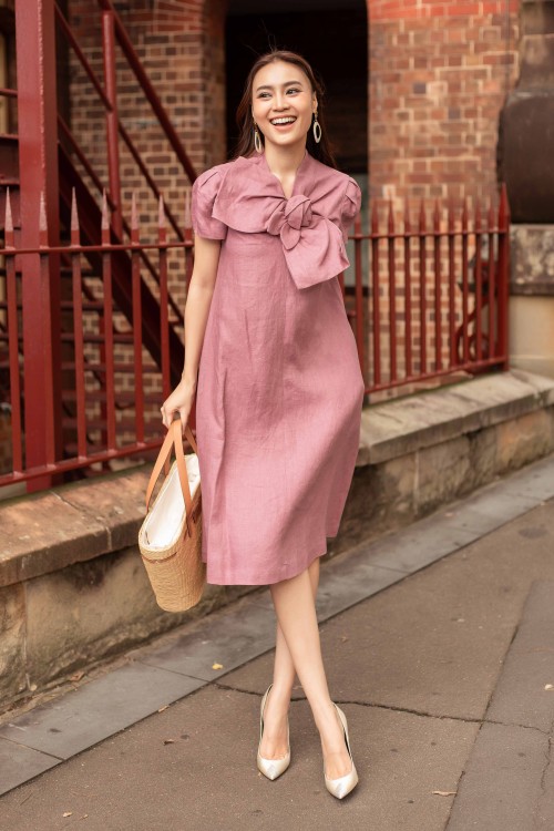 Sixdo Dusty Rose Bowtie Midi Linen Dress