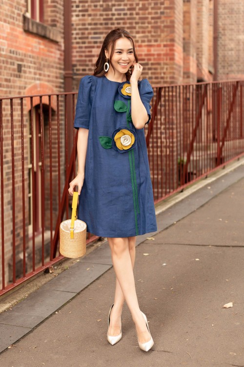 Sixdo Navy Mini Linen Dress