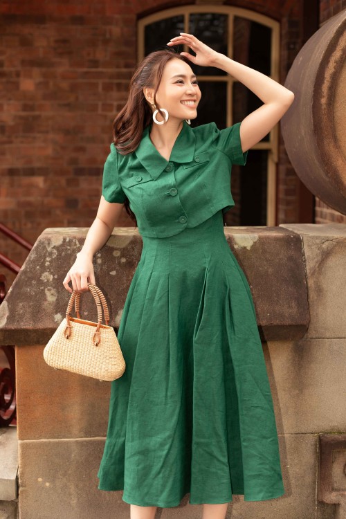 Sixdo Dark Green Linen Dress And Vest Set