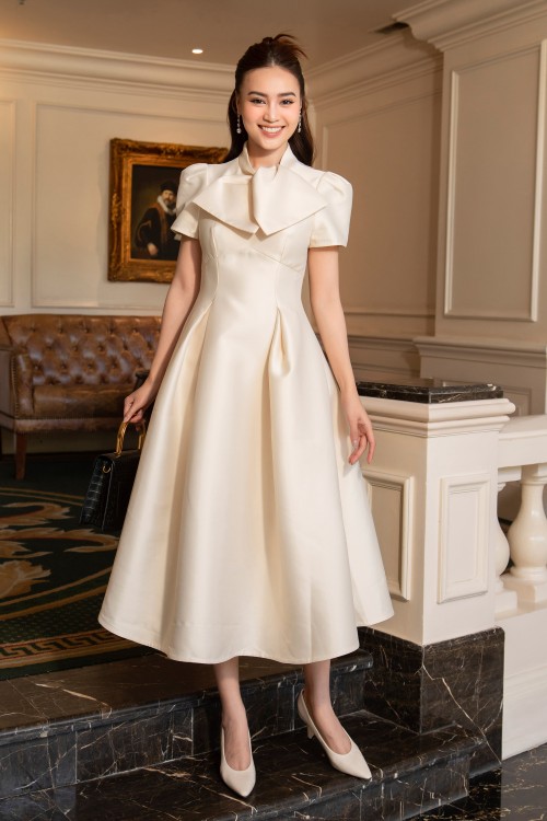 Sixdo Cream High Neck Midi Taffeta Dress