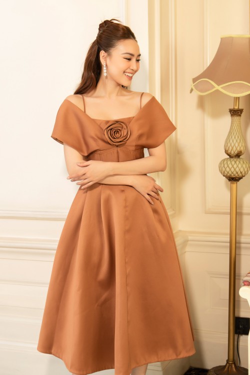 Sixdo Brown Midi Taffeta Dress