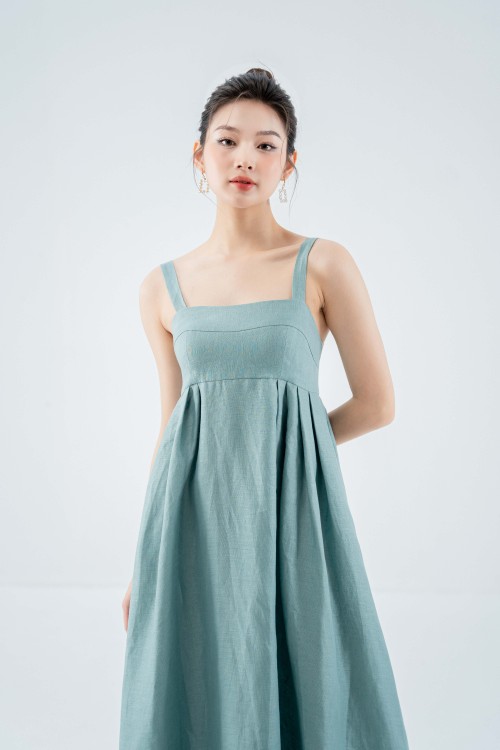 Sixdo Dark Mint Strappy Midi Linen Dress