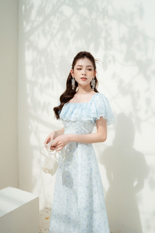 Sixdo Z-Light Blue Floral Midi Dress