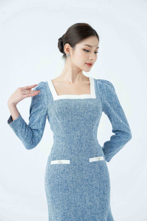 Sixdo Blue Mermaid Midi Tweed Dress