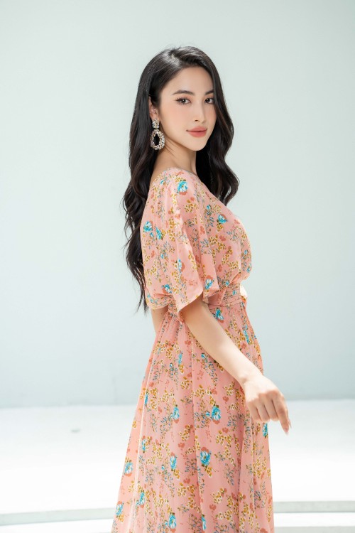 Sixdo Salmon Floral Maxi Chiffon Dress