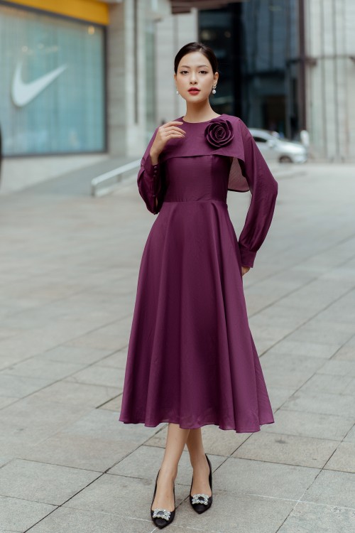 Sixdo Dark Violet Midi Woven Dress With Flower