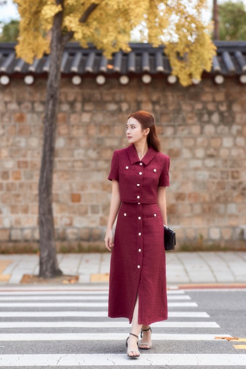 Sixdo Plum Midi Tweed Dress