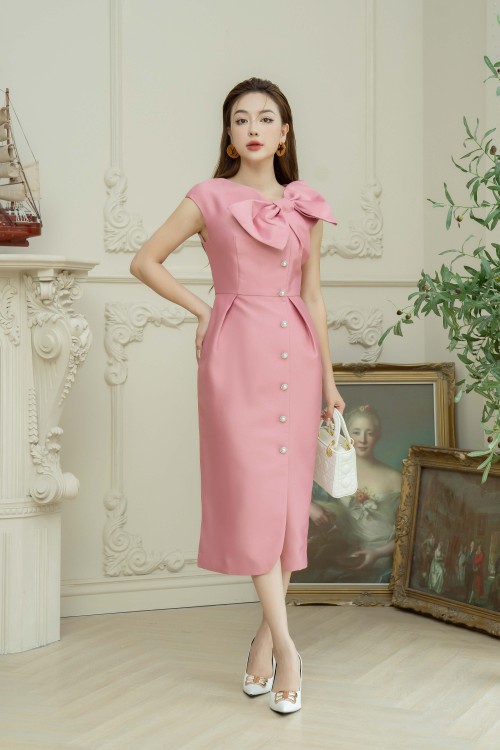 Peach Pink Split-front Midi Taffeta Dress