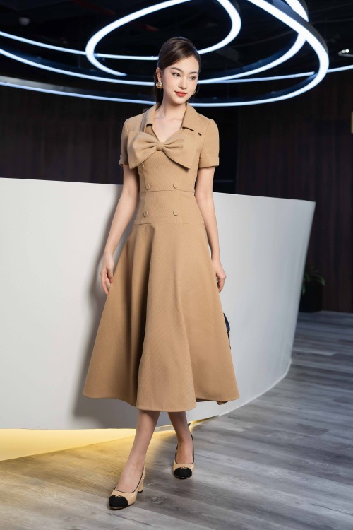 Yellowish-brown Bowtie Midi Raw Dress