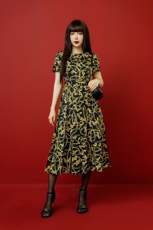 Black Baroque Print Pleated Midi Silk Dress