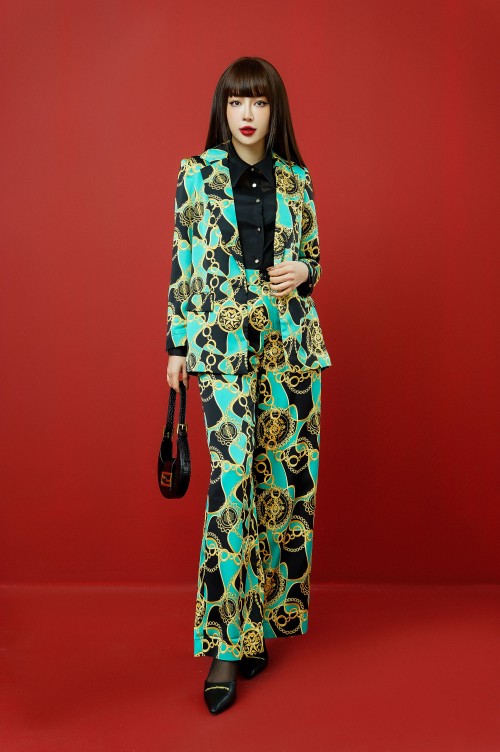 Black Baroque Print Wide Leg Silk Pants