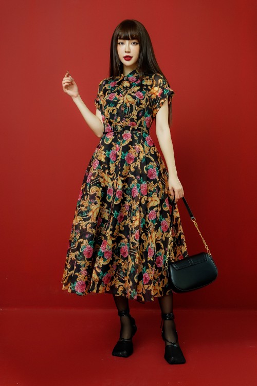 Black Rose Cap Sleeves Midi Dress