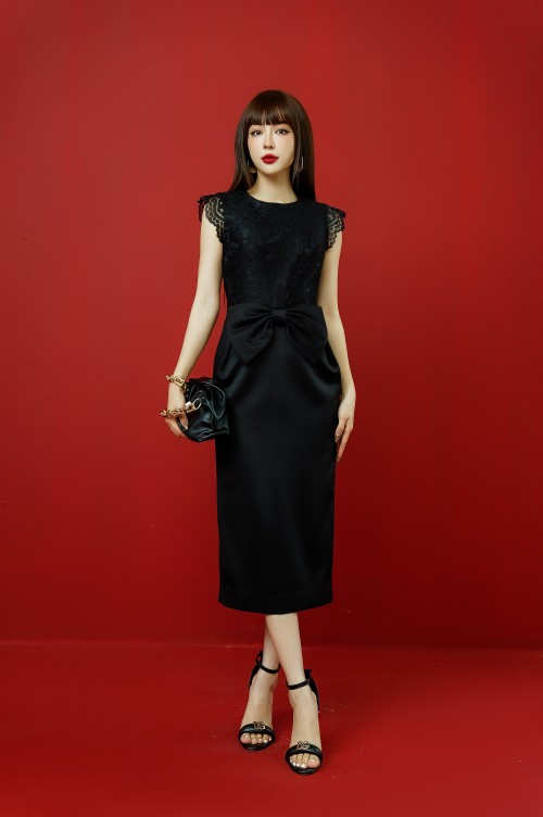 Black Pegged Midi Taffeta Dress