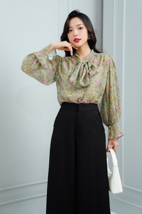 Olive Floral Voile Shirt (Áo nữ)