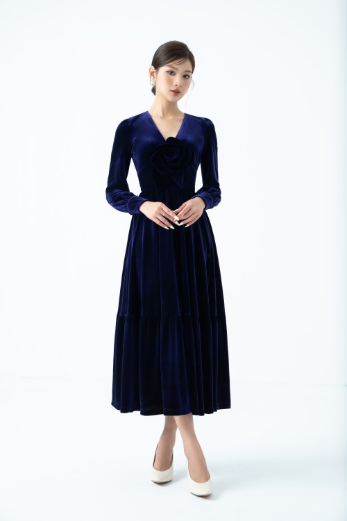 V-neck Midi Velvet Dress