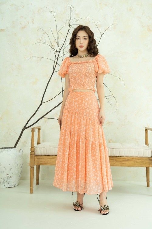 Light Orange Floral Midi Voile Skirt