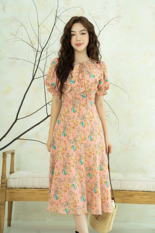 Peach Pink Floral Midi Chiffon Dress