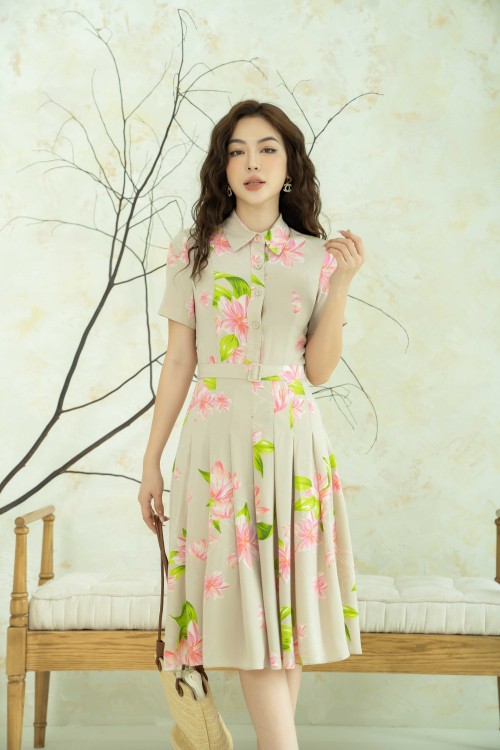 Dark Beige Lily Midi Silk Dress