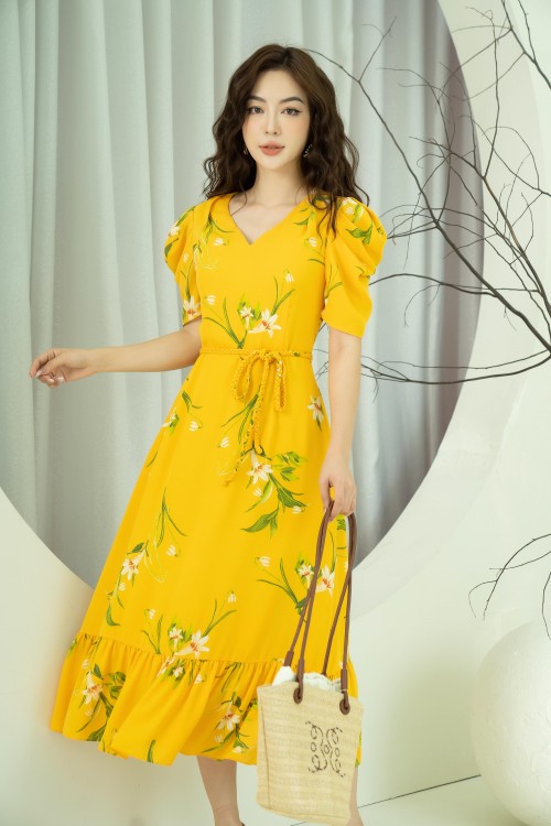 Yellow Floral Midi Chiffon Dress
