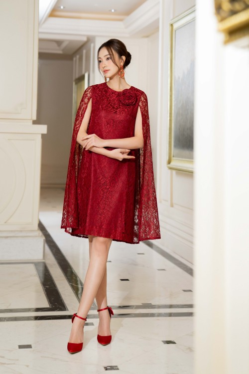 Wine Cape Midi Lace Dress