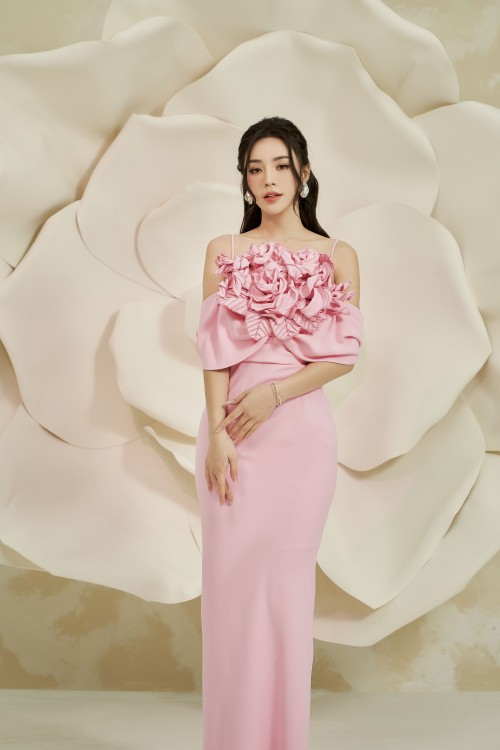 Pink 3D Flower Silk Midi Dress