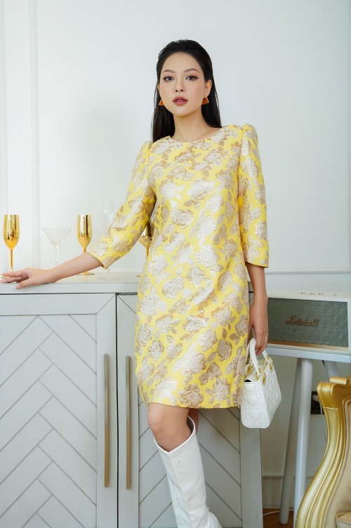 Yellow Rose Short Sleeves Midi Brocade Dress