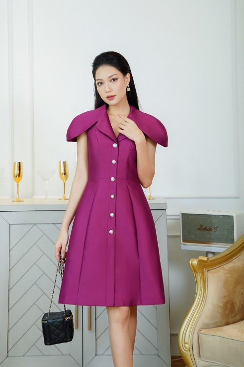 Dark Murrey Horn-buttons Midi Taffeta Dress