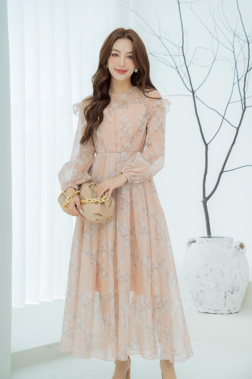 Beige Floral Midi Voile Dress