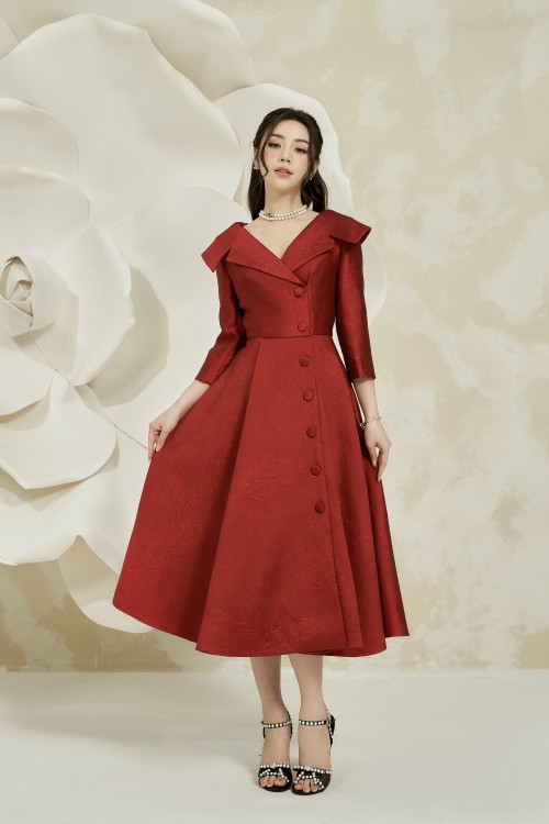 Red Midi Brocade Dress