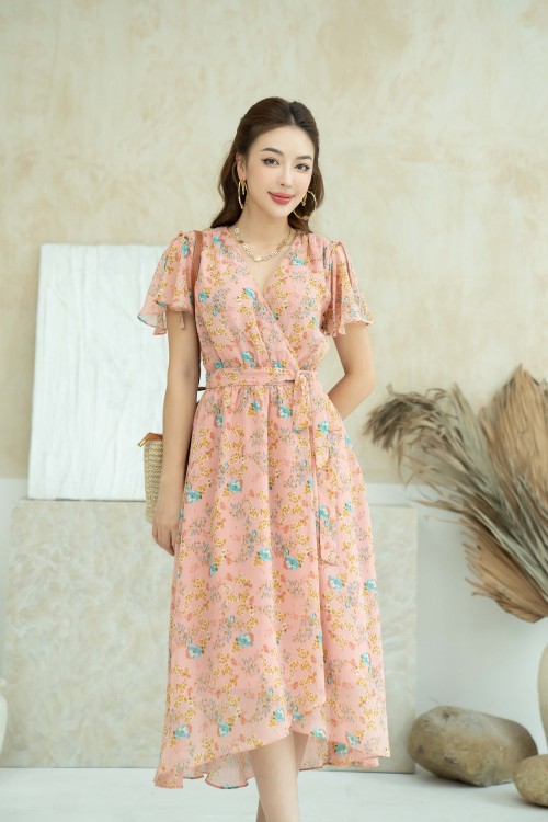 Salmon Floral Midi Voile Dress 1