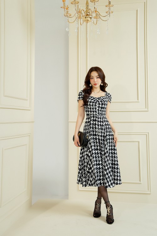 Black Houndstooth Midi Silk Dress