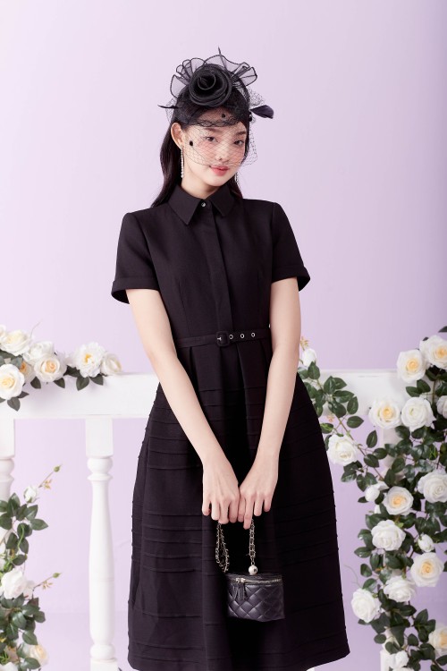 Black Midi Woven Dress With Belt