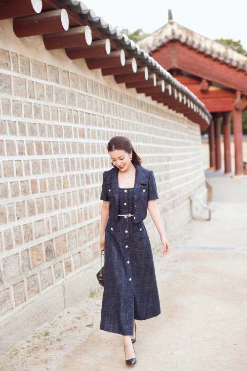 Navy Strappy Midi Tweed Dress