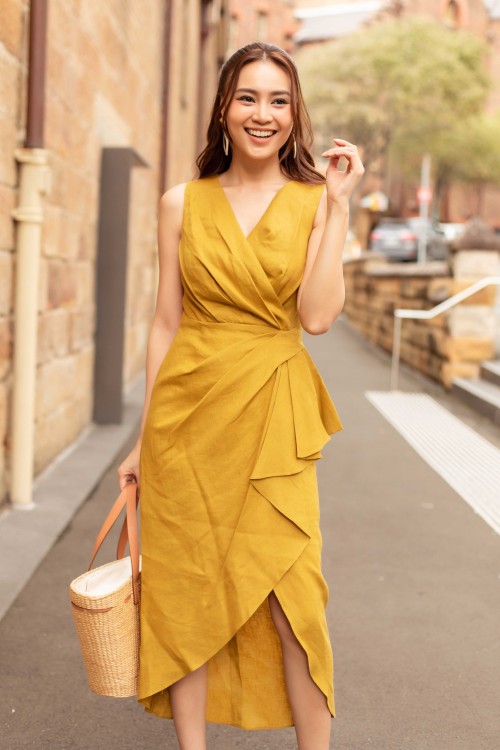 Wheat Wraparound Midi Linen Dress