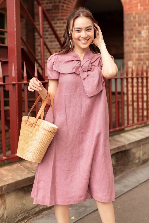 Dusty Rose Bowtie Midi Linen Dress