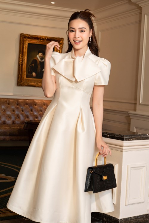 Cream High Neck Midi Taffeta Dress