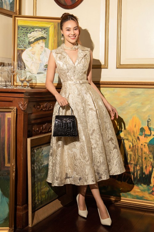 Dark Cream Rose Midi Brocade Dress