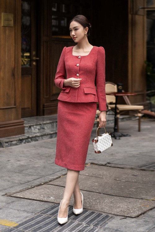 Red Straight Midi Woven Skirt