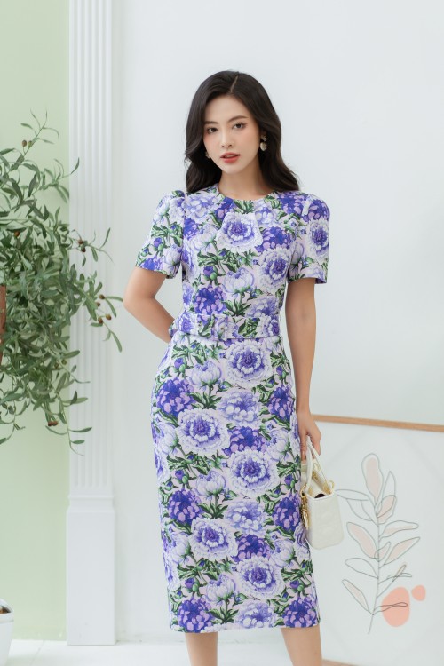 Purple Peony Puff-sleeves Midi Raw Dress