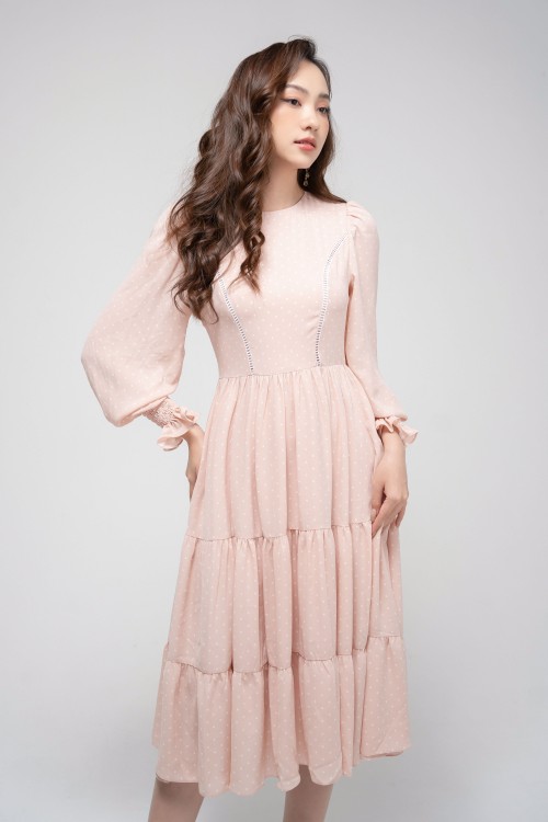 Light Pink Polka Dot Midi Chiffon Dress