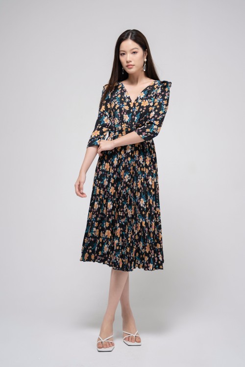 Black Floral Midi Silk Dress