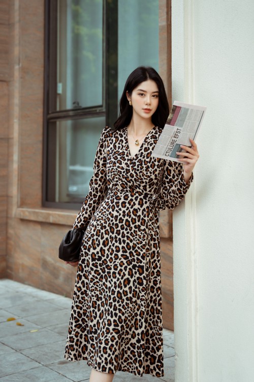 Brownish-beige Leopard Midi Silk Dress With Flower