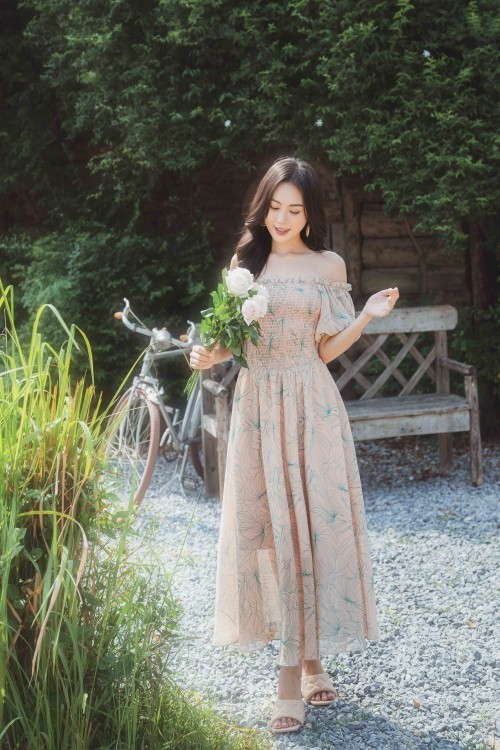 Light Orange Midi Voile Off Shoulder Dress